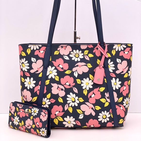Kate Spade Road Trip Floral Large Tote Bag & Large Slim Bifold Wallet Bl…